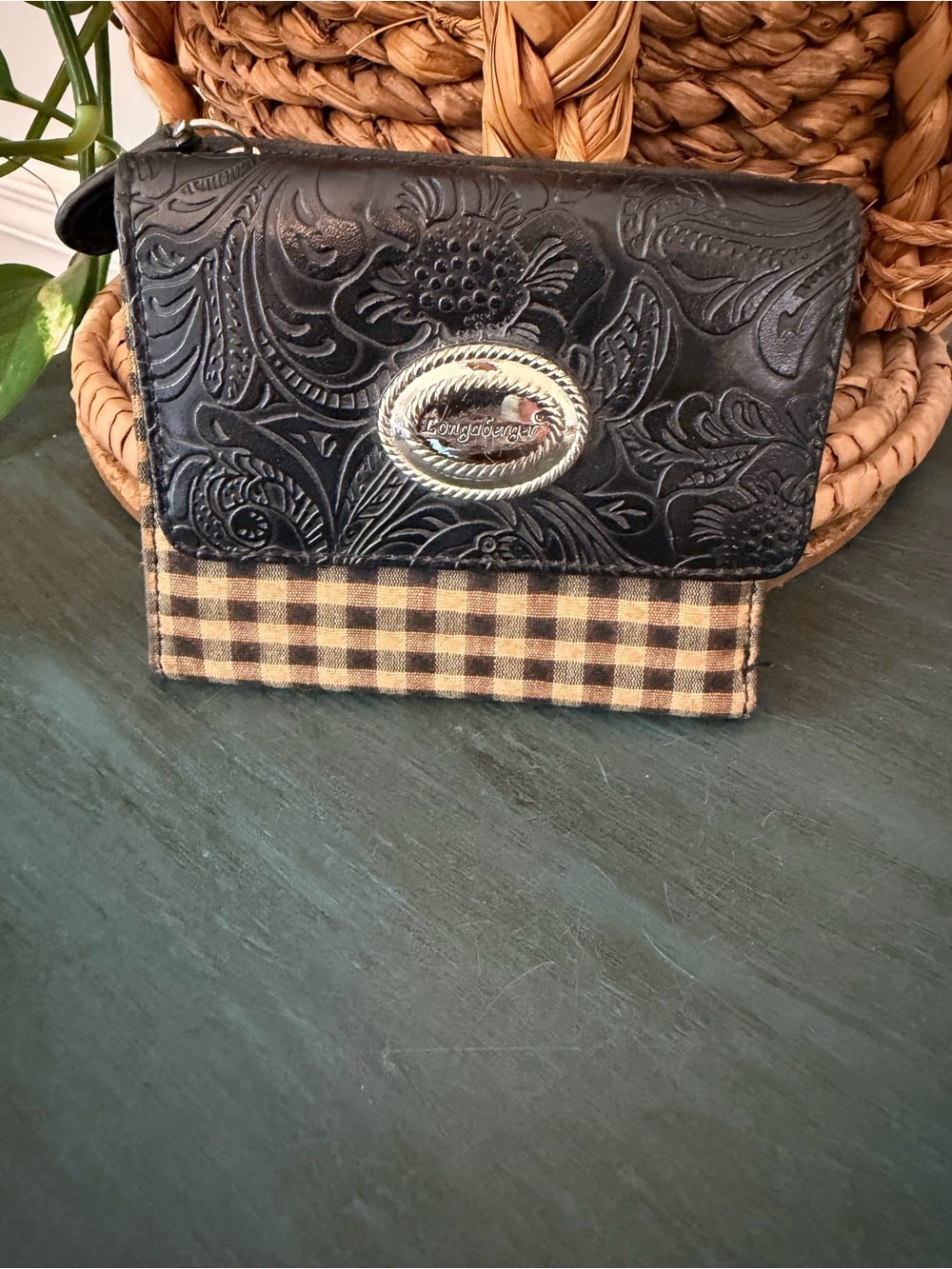 Longaberger folding wallet with black tooled faux leather flap with floral
